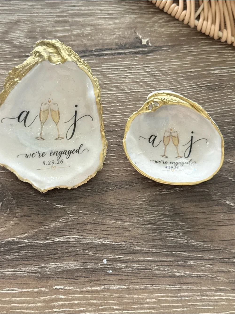 Engagement Champagne Toast Oyster Rings Dishes - White & Gold Favors or gifts